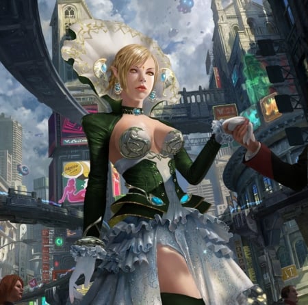 Queen - girl, zhang yi, luminso, fantasy, queen, art, city, green, blonde