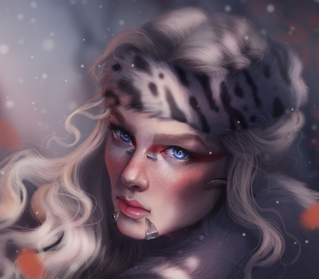 Wildwoman - winter, portrait, girl, sandramalie, sandra winther, fur, fantasy, woman, snow leopard, iarna, face, art, luminos, wild