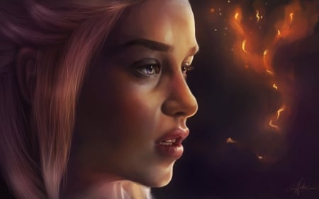 Breath of fire - girl, fantasy, daenerys targaryen, art, portrait, luminos, breath of fire, mother of dragons, game of thrones