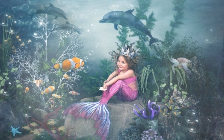 Little mermaid - siran, water, summer, dolphin, sea, pink, copil, child, crative, fantasy, mermaid, underwater, fish