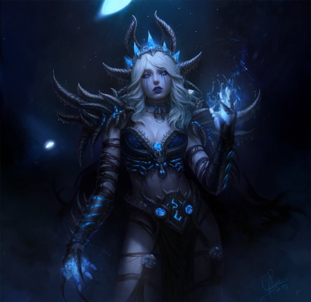 Sindragosa - girl, magical, frumusete, fantasy, horns, dark, hand, luminos, blue, sindragosa, ina wong, demon