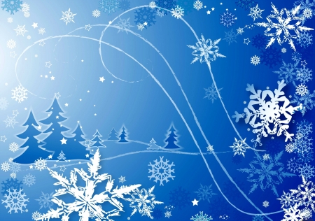 Snowflakes - white, stars, trees, blue, snow, winter, snowflakes