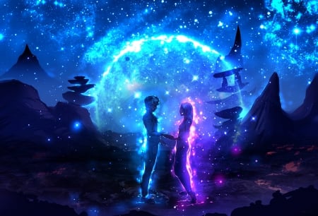 Connected - Boy, Night, Conected, Stars, Dark, Sci-fi, Fantasy, Sky, Planet, Under the stars, Friendship, Energy, Blue, Girl, Couple, Spirits, Pink, Love