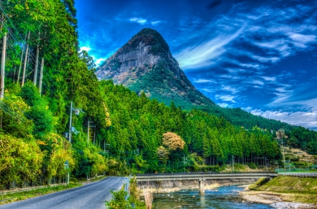 Road In The Forest - nature, autumn, trees, forest, clouds, rivers, road, bridge