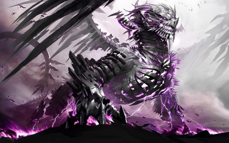 skeleton dragon - skeleton, landscape, lightning, dragon