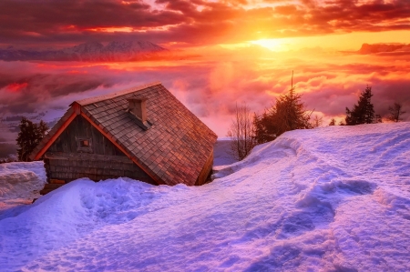 Fairytale hut - hut, valley, mountain, winter, colorful, sunset, glow, view, fairytale, snow, beautiful, clouds