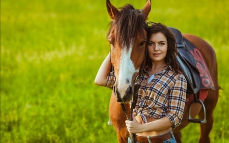 ~Cowgirl~ - saddle, horse, cowgirl, brunette, field