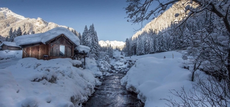 Winter in South Tyrol, Italy - snow, alps, cabin, mountains, photo, creek