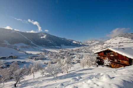 Wildschoenau, Austria - sky, mountains, landscape, trees, cabin, snow