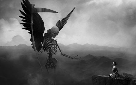 angel of death - girl, skeleton, death, angel