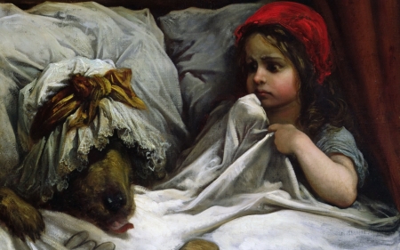 Little Red Riding hood - little red riding hood, paul gustave dore, bed, girl, child, copil, wolf, painting, art, red, pictura