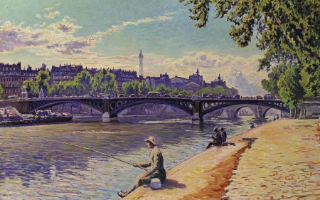 Fisherwoman - water, fisherwoman, pictura, paris, purple, painting, paul gustave dore, france, art, bridge