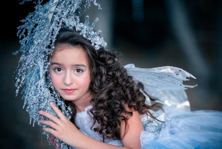 Winter fairy - winter, blue, girl, copil, child, ice, wings, iarna, fairy, curls