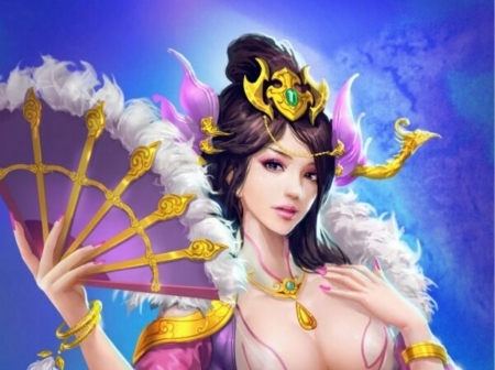 Princess - princess, fan, girl, frumusete, fantasy, asian, hand fan, yellow, pink, hand, luminos, blue