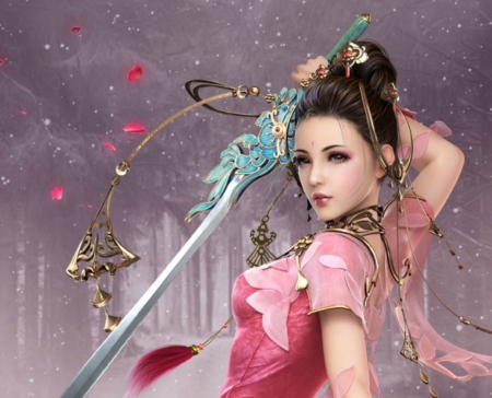 Fantasy girl - girl, luminos, pink, blue, sword, asian, fantasy