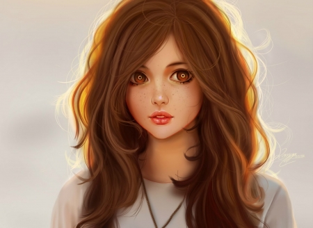 Pretty Girl - brown hair, artwork, girl, brown eyes