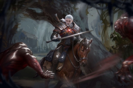 Geralt - game, horse, luminos, man, sword, fantasy, geralt, the witcher