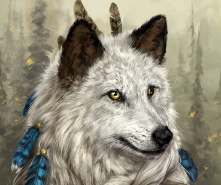 Wolf - blue, wolf, feather, lup, fantasy, white, animal, art, luminos