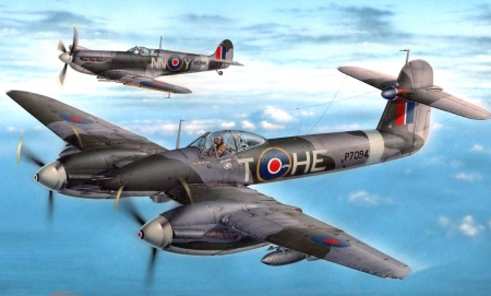 Supermarine Spitfire & Westland Whirlwind - Royal Air Force, Westland Whirlwind, World War Two, British Aircraft, Art, Supermarine Spitfire, RAF, Artwork, Spitfire