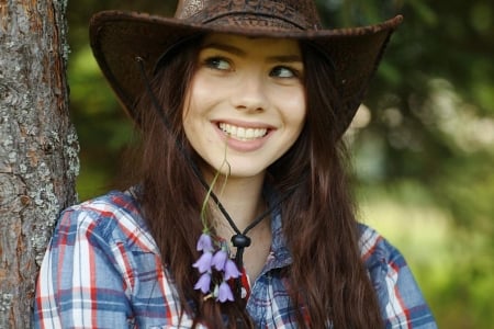 Sweet Cowgirl . . - women, fun, trees, female, hats, models, brunettes, western, girls, cowgirl, style, outdoors, ranch