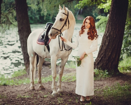 Day By The River . . - style, horse, western, women, models, ranch, redhead, outdoors, cowgirl, river, fun, female, trees, fashion