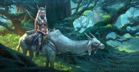 Forest rider - girl, jeremy fenske, fantasy, art, forest, luminos, creature, blue, green, rider, goat