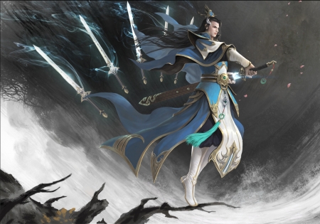 Fantasy man - black, game, fantasy, jianxian, blue, chenbin zheng, asian