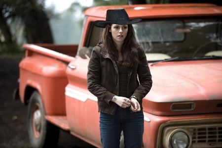 Cowgirl Bella . . - women, female, truck, cowgirl, fashion, hats, outdoors, western, brunettes, chevy, pickup, actors, movies