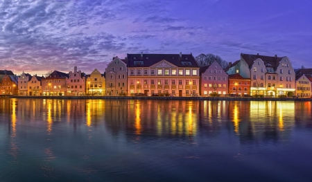 Landshut River,Bavaria - river, nature, lights, night, houses, reflection, sky