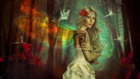 Shiny Wings - woman, girl, female, colorful, lovely, fantasy, art, forest, pretty, beautiful, fairie, digital