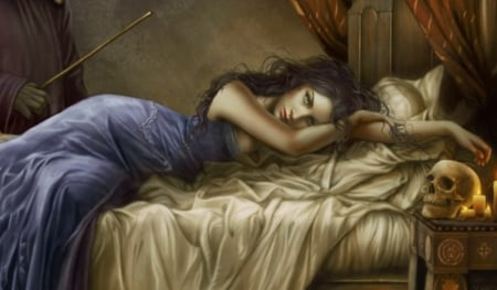 Girl in Blue Dress - detail, pretty, female, resting, blue, beautiful, dress, girl, beauty, lovely, fantasy, bed, digital, woman, cris ortega, art