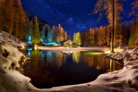 Night - lake, stars, sky, trees, winter, night, colorful, serenity, reflections, mirror, snow, beautiful