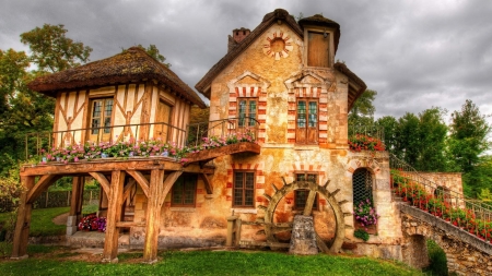 Victorian Home - garden, sky, watermill, old, clouds, house