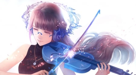 Violonist - girl, bou nin, glasses, blue, anime, instrument, violin, manga