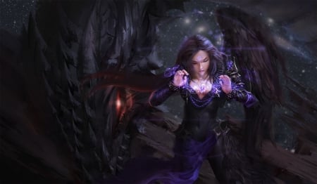 Dark angel - feather, purple, black, game, dark, girl, frumusete, blue, wings, fantasy, dragon, luminos, angel