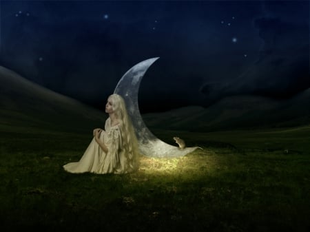 Moon goddess - moon, girl, soricel, night, goddess, fantasy, chinese zodiac, luminos, mouse, luna, blonde, year of the rat