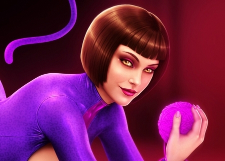 Catwoman - girl, fantasy, pisica, purple, luminos, pink, hand, catwoman, wool ball