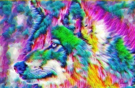 Wolf - cehenot, lup, colorful, wolf, painting, art, abstract, yellow, pink, blue, animal, pictura, green, by cehenot