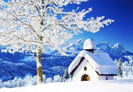 Winter chapel - chapel, winter, beautiful, snow, valley, mountain, tree, ice, view, frost