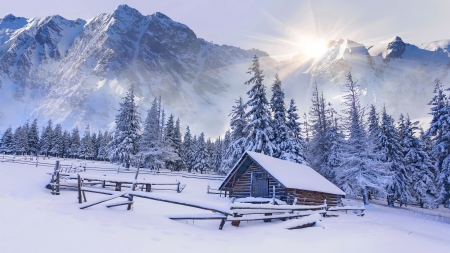 Winter landscape - hut, rays, slope, landscape, hills, trees, sun, winter, rocks, frost, snow, beautiful, cabin, house, cliffs