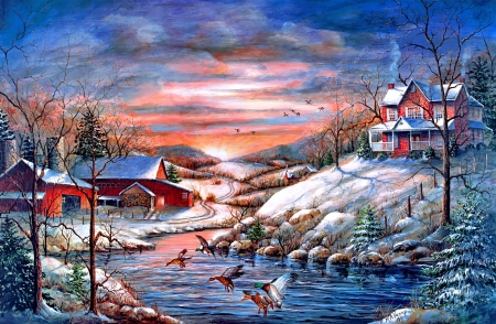 Winter haven - birds, winter, pond, creek, snow, haven, village, sunset, painting, frost, houses, art, sky