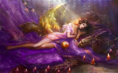 Beautiful Angelina - pretty, female, resting, beautiful, girl, angel, lovely, fantasy, purple, digital, woman, art