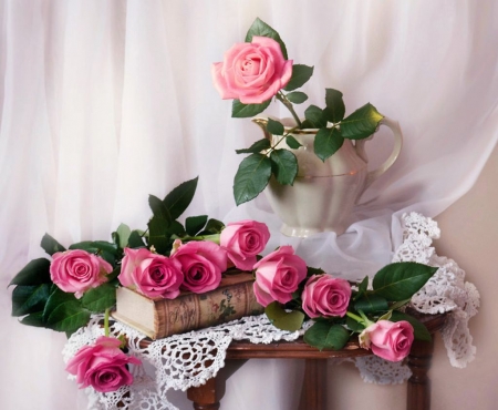 Valentine Day - blossoms, book, roses, arrangement