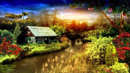 Spring Sunset - flowers, river, trees, blossoms, cabin, colors, sky