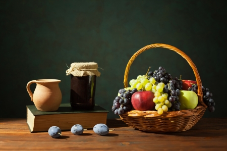 Still Life - apples, wicker, plums, basket, jug, grapes