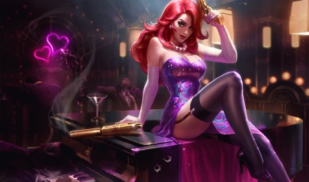 Miss Fortune - redhead, girl, frumusete, fantasy, purple, game, luminos, pink, league of legends