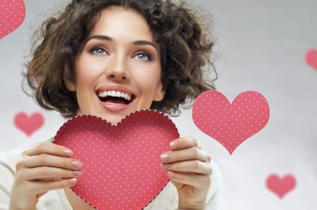 Beauty - smile, hand, heart, woman, model, valentine, face, pink