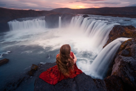 Model in Red at Godafoss Waterfall, Iceland - redhead, iceland, waterfall, model, dress