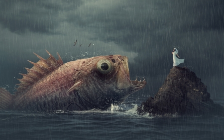 fish whisperer - fish, woman, ocean, rain