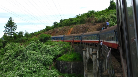 vietnam railway - train, bridge, grass, vietnam